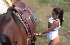 Mulata safada encarando grande cavalo marrom